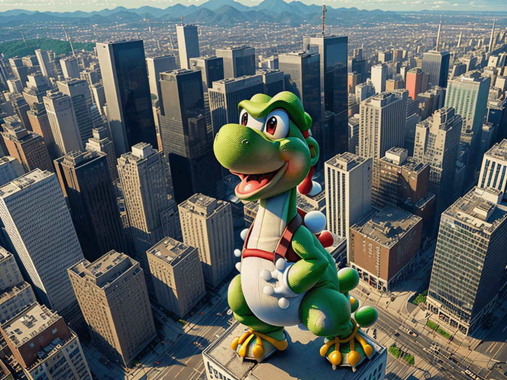 AI generated: create an image that features yoshi  set in a city seen from above