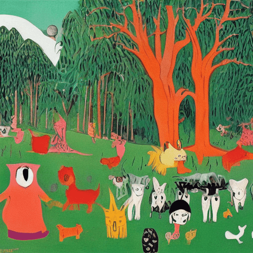 AI generated: celebratory mysterious kid's park, not scary, with a lot of animals : : Tove jansson illustrations s...