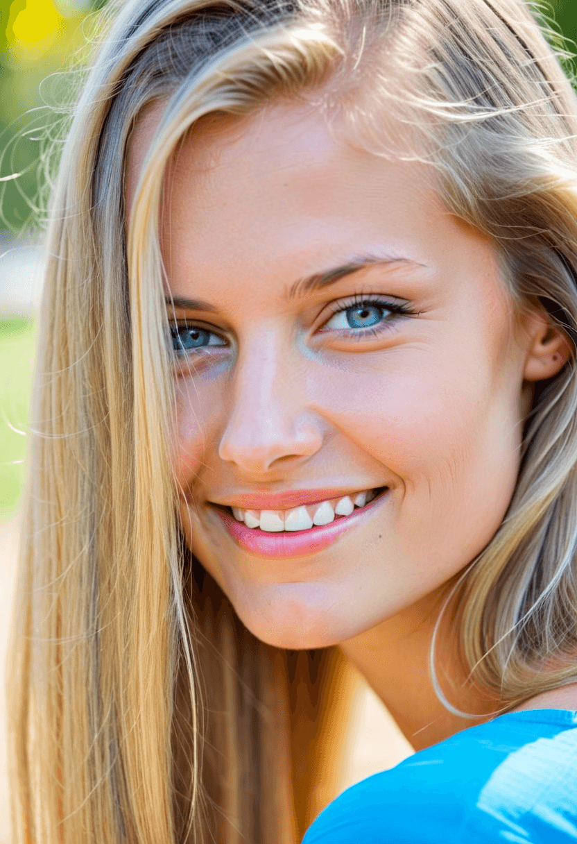 AI generated: analog film photo woman, long blonde hair covering an eye, smiling, light-blue eyes, narrow nose, li...