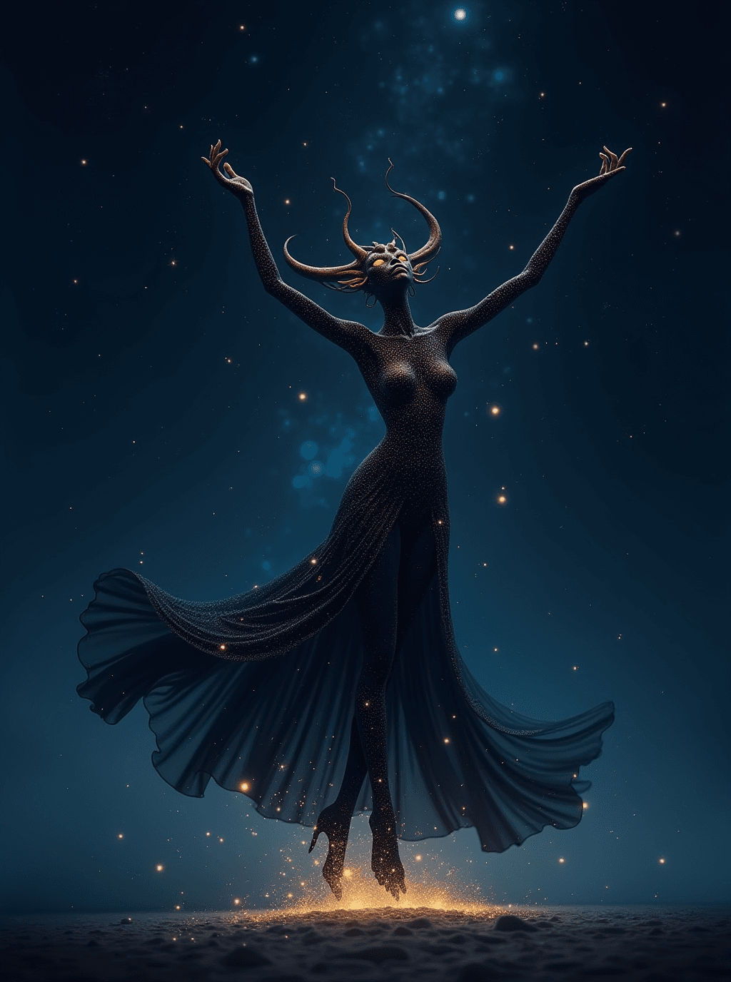 AI generated: A mysterious starlight demon dancing gracefully beneath a sky full of falling stars â elegant and ...