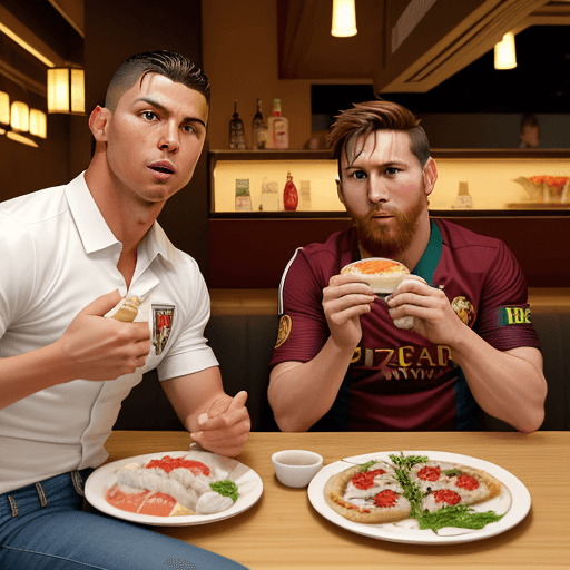AI generated: Ronaldo and messi eating Sushi Realismus in a resturand with a Beer and Pizza and with portugal with...