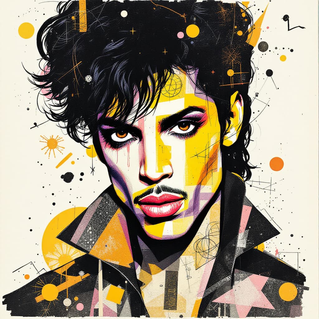 AI generated: A mixed media collage featuring Prince famous singer  figure with expressive eyes, adorned in vibran...