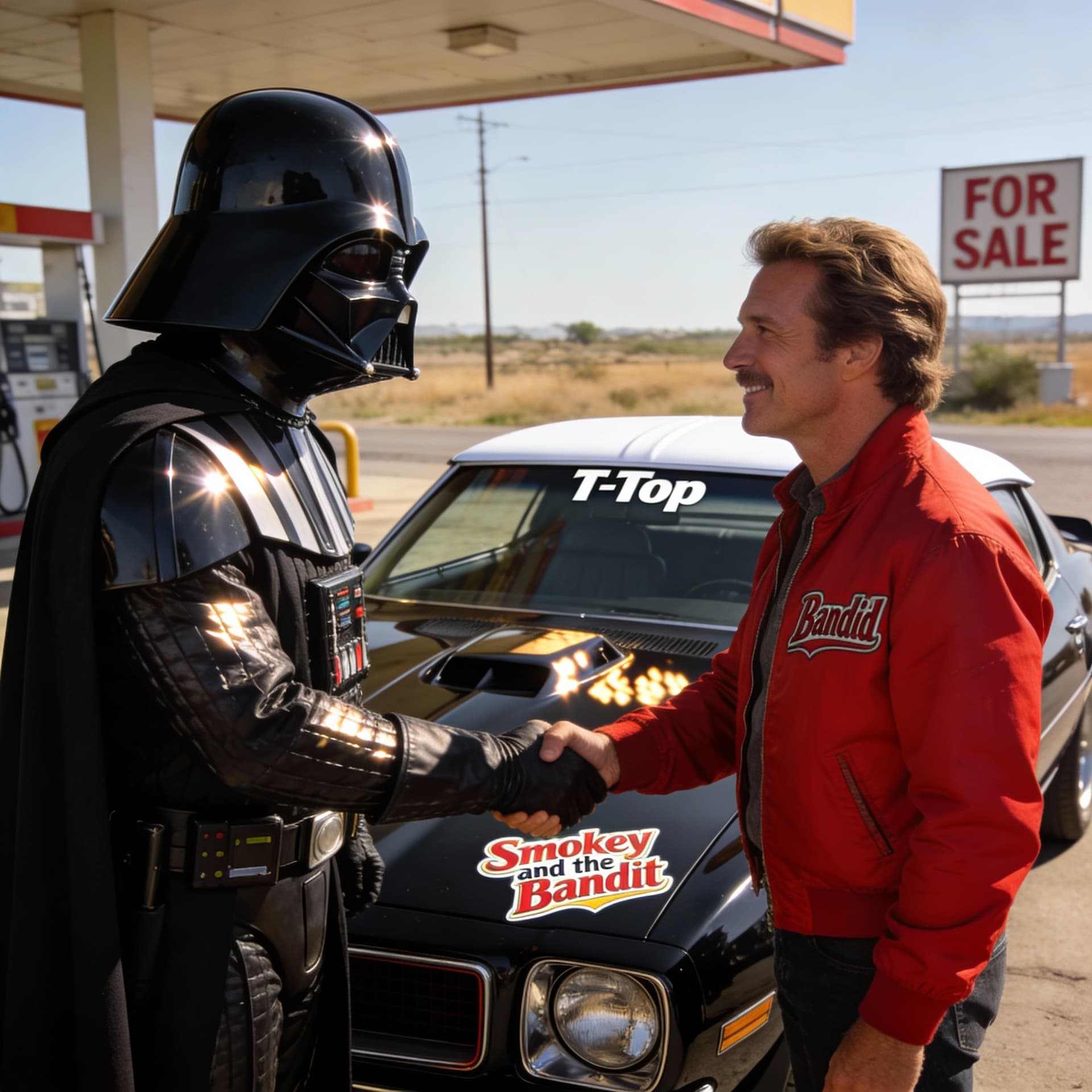 AI generated: a photo of Darth Vader is buying a black trans-am from ‘Bandit’ (Burt Reynolds)