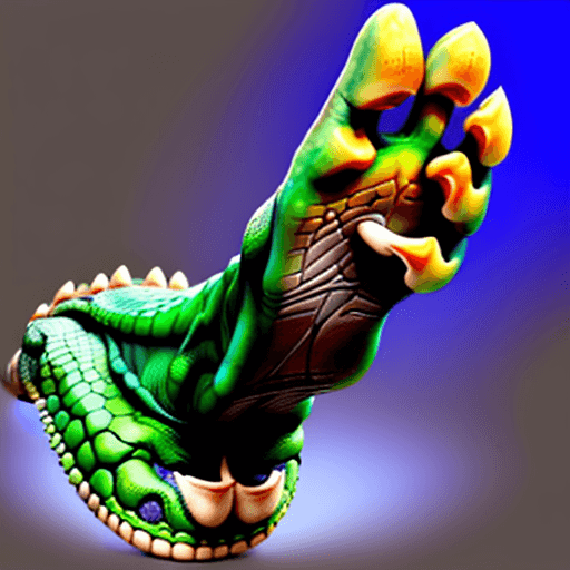 AI generated: a human foot similar to a dinosaur's foot with reptile claws instead of human nails.