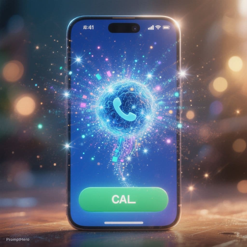 AI generated: Macro shot of a sleek smartphone screen, a rounded vibrant blue energy bit bursting out of the "Call...
