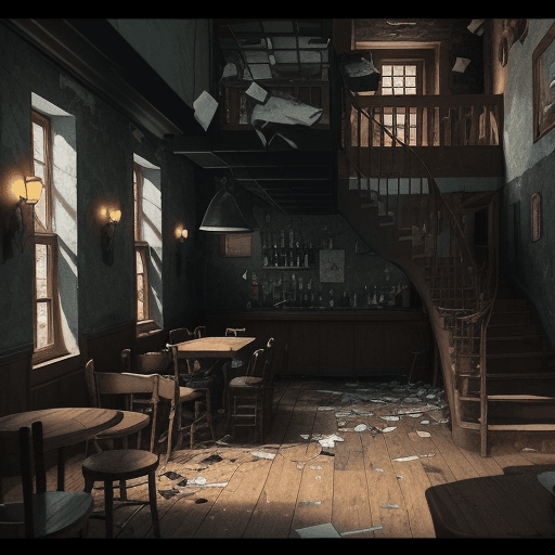 AI generated: the tavern after the robbery. You can see a lot of fragments of broken dishes,
scattered cutlery, tr...