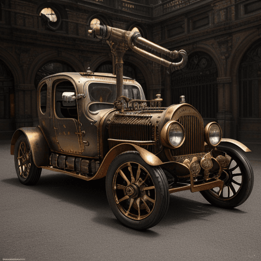 AI generated: Create a photorealistic image of a steampunk-style car, focusing on the front section with a close-u...