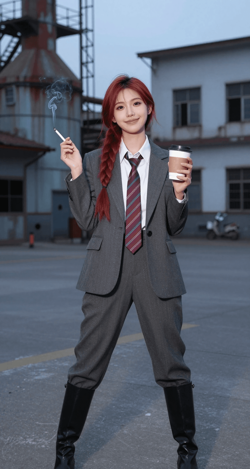 AI generated: Young Asian woman in her twenties with red hair, one long thick braid, slight smile, full-length pho...
