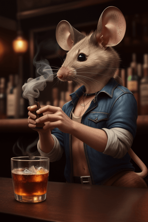 AI generated: A mouse is smoking in a bar, hyperrealistic, 8k, artstation