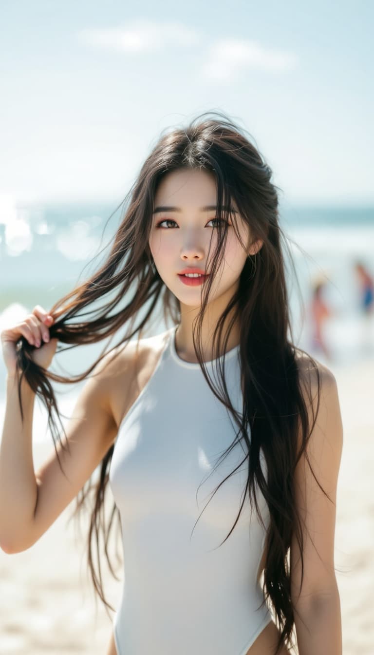 AI generated: High resolution image. A korean woman with long hair wearing a white freediving suit. The background...