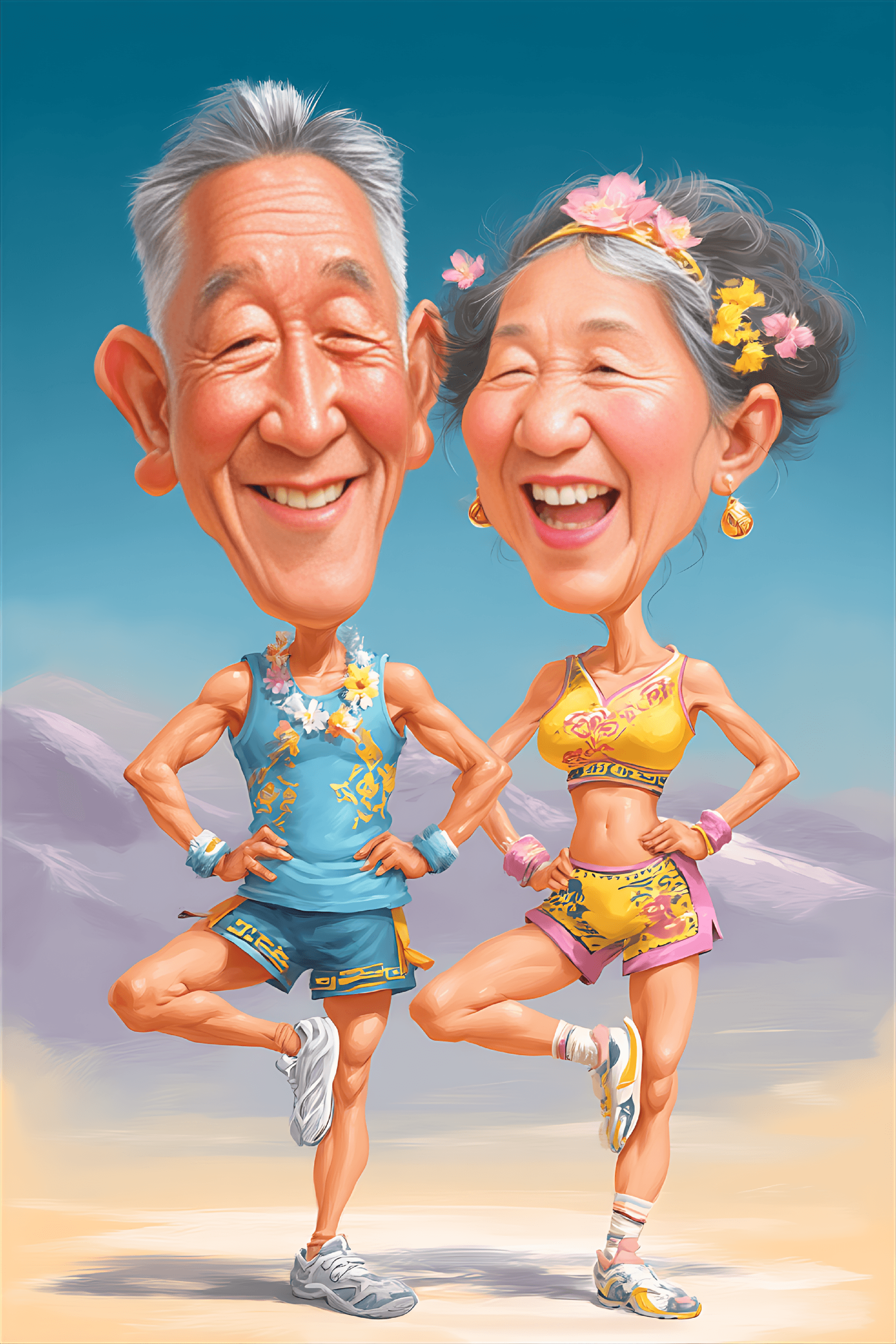 AI generated: funny caricature, joyful elderly yogis caricature, elderly asian couple, 72 years old, matching spor...