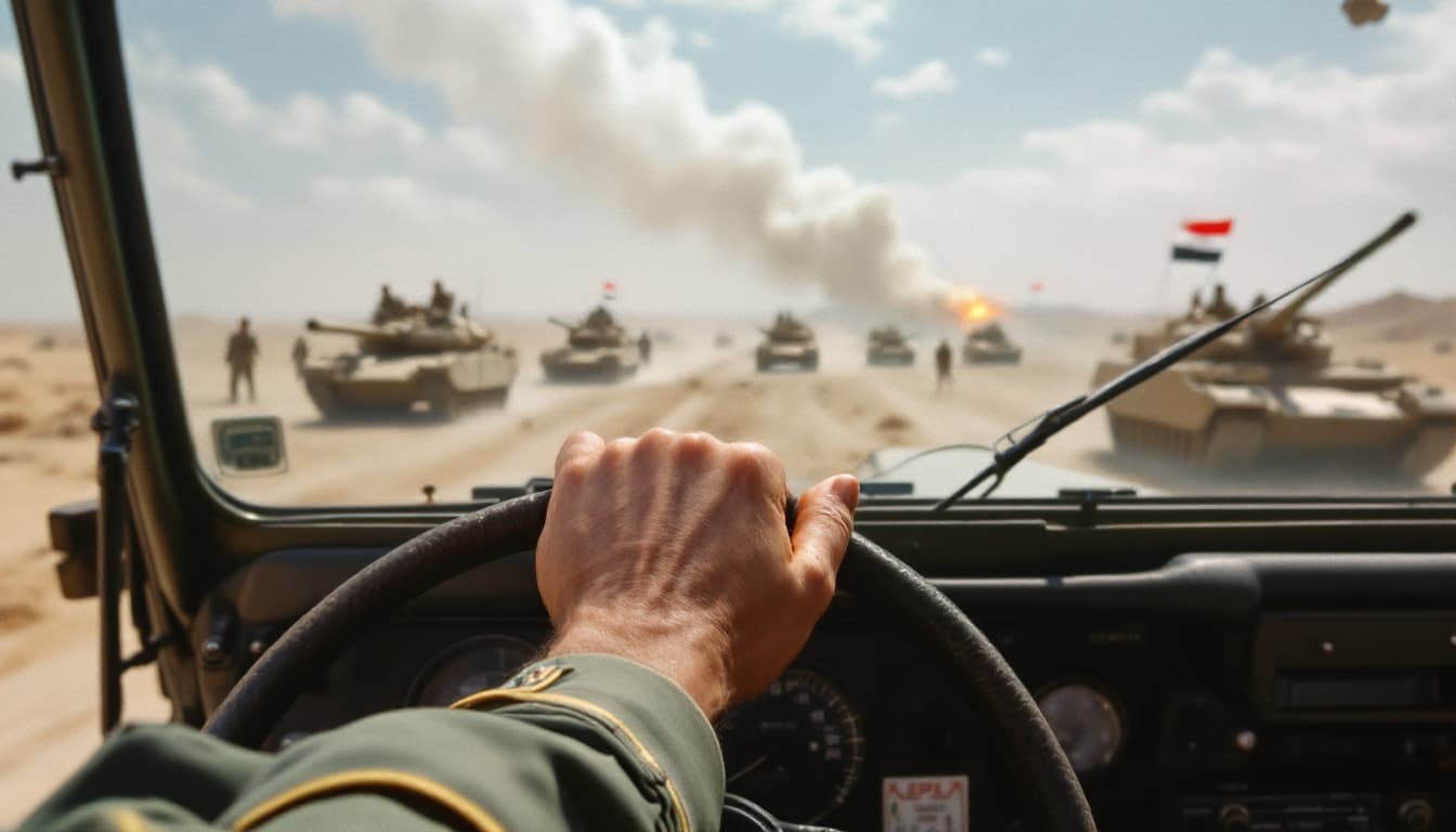 AI generated: High resolution photography intFirst person POV, President Anwar Sadat’s hands grip the steering whe...