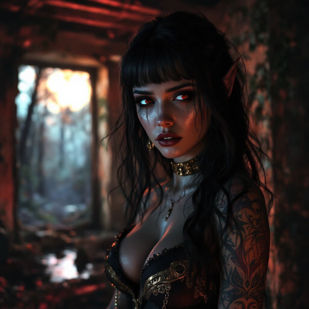 AI generated: Hyper realistic, photo realism, zoomed out HD Photo of beautiful, sultry female demon standing in an...