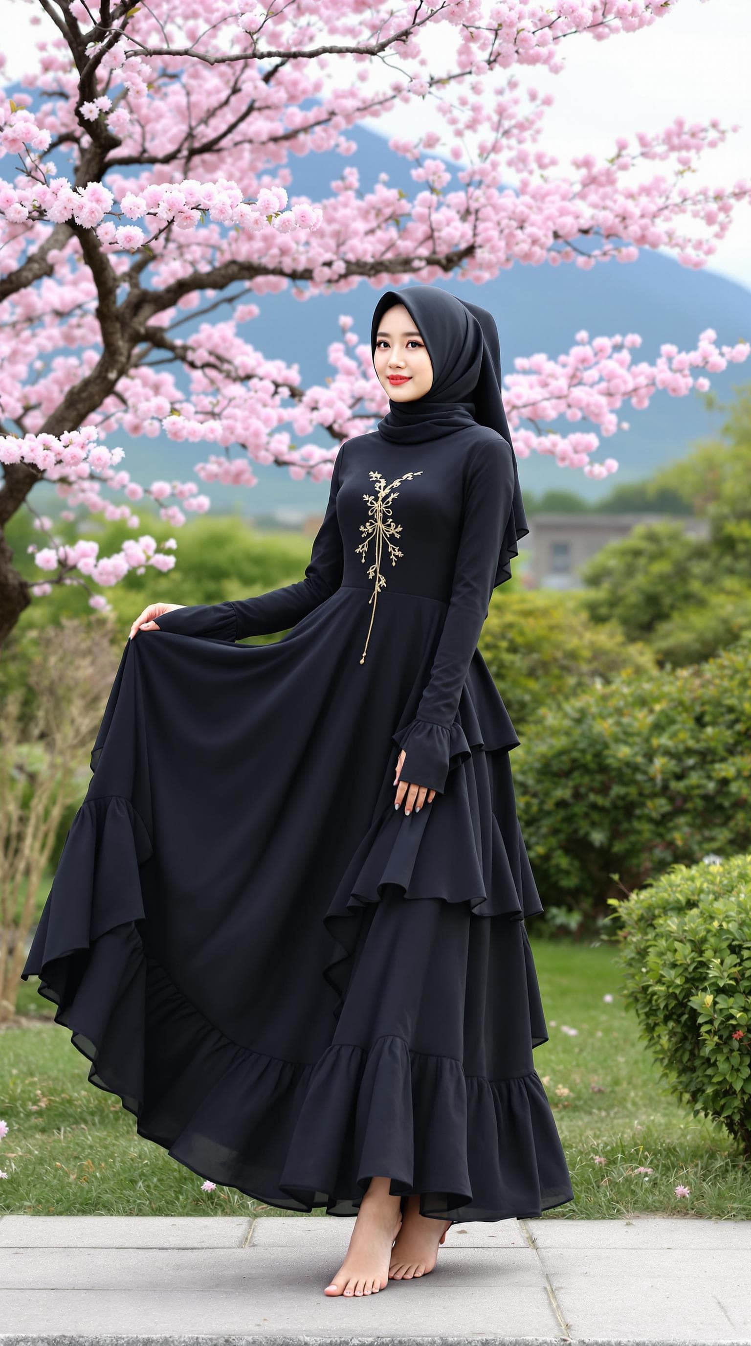 AI generated: a girl, Korean woman, korean ulzzang face, in a dress clothes, wear a black hijab and beautiful blac...