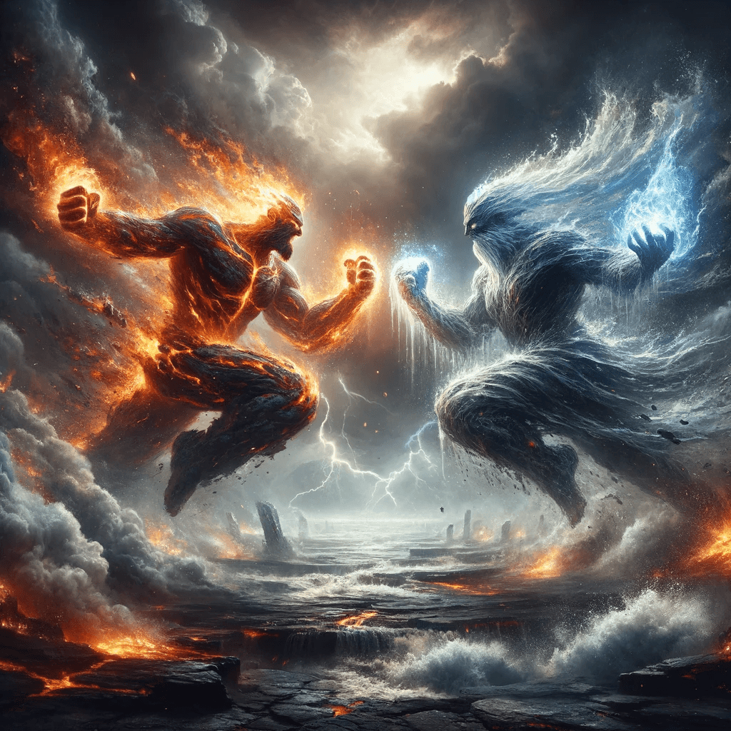 AI generated: Set against a backdrop of a volcanic landscape, two powerful beings face each other. One commands th...