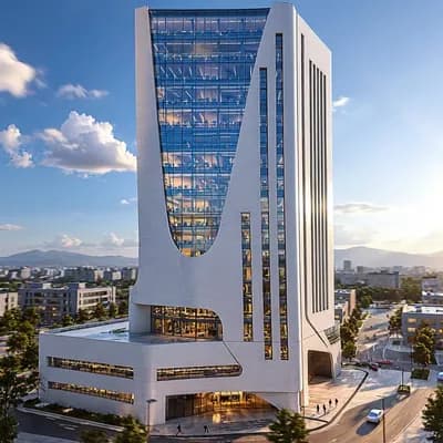 AI generated video: “Cinematic architectural visualization of ‘Hoore Tower’, a high-rise podium-tower with fluid, organi...