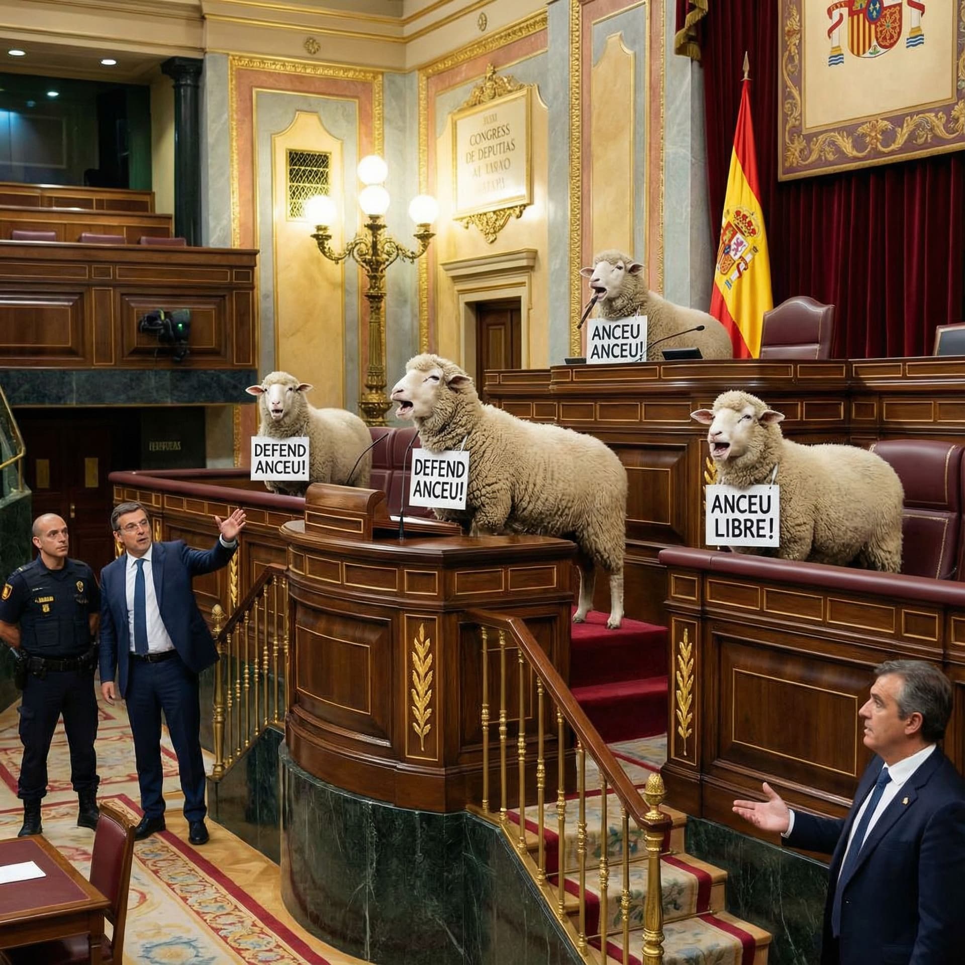 AI generated: 4 sheep taking over the spanish parliament, defending Anceu, the galician village, very agressively
