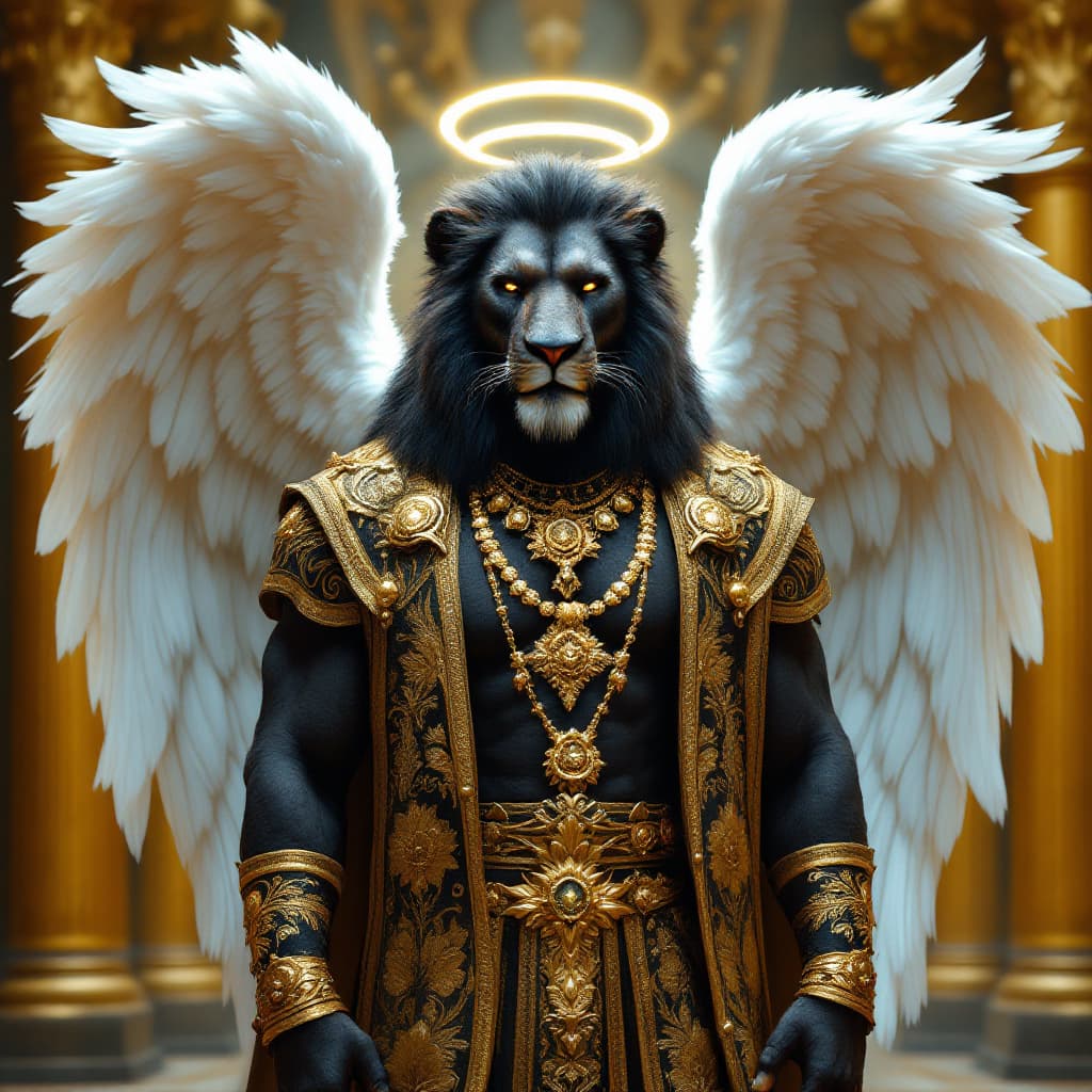 AI generated: "A majestic anthropomorphic black African  lion character stands  in his palace confidently.  design...