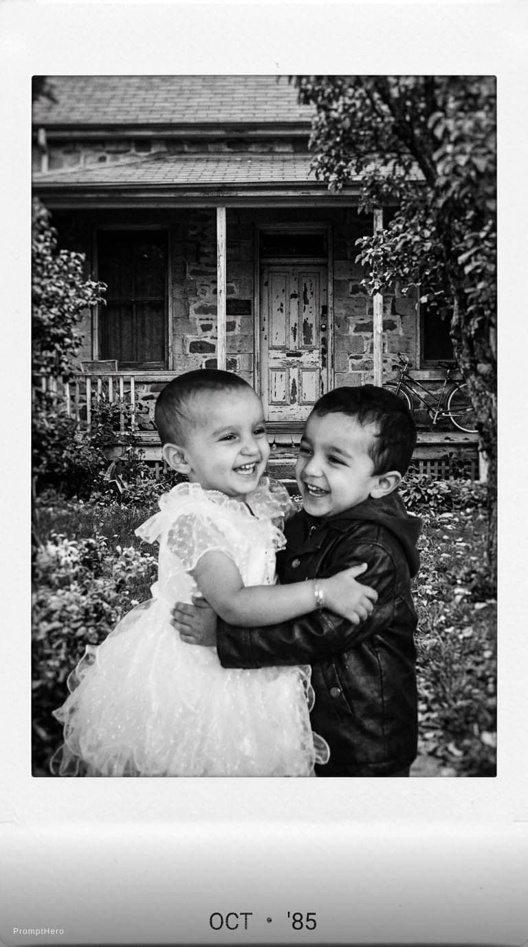 AI generated: Put a photo of these two beautiful
children next to each other, hugging and
laughing, and in the bac...