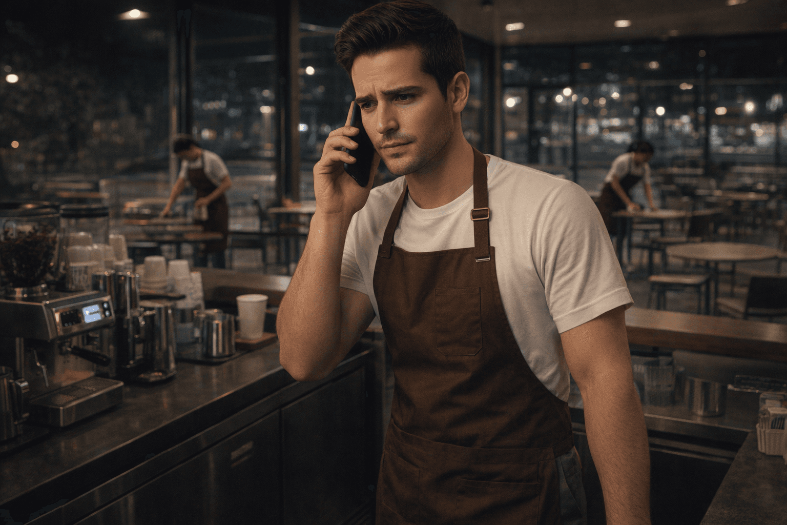 AI generated: At night. The model is a barista at a big coffee shop. He is behind the counter The coffee shop is e...