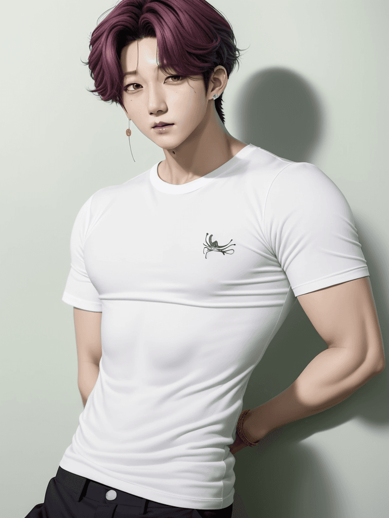 AI generated: ((cuerpo completo: 1.5)), ídolo KPOP Jung-kook DE BTS, hermosO CHICO coreanO, camiseta blanca, hermo...