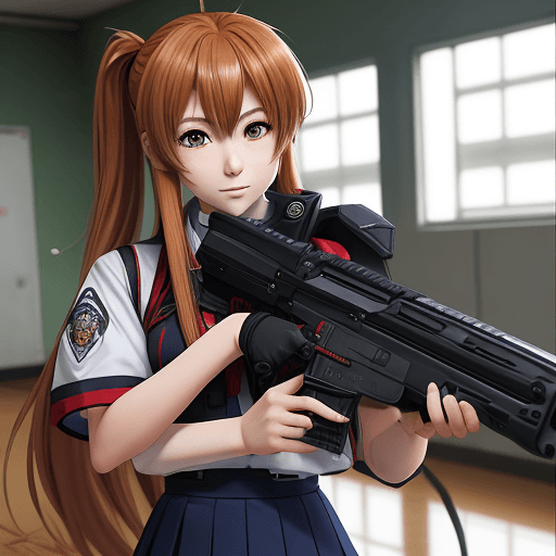 AI generated: taiga aisaka, anime style, school uniform, long hair, ASMD shock rifle, Unreal Tournament.