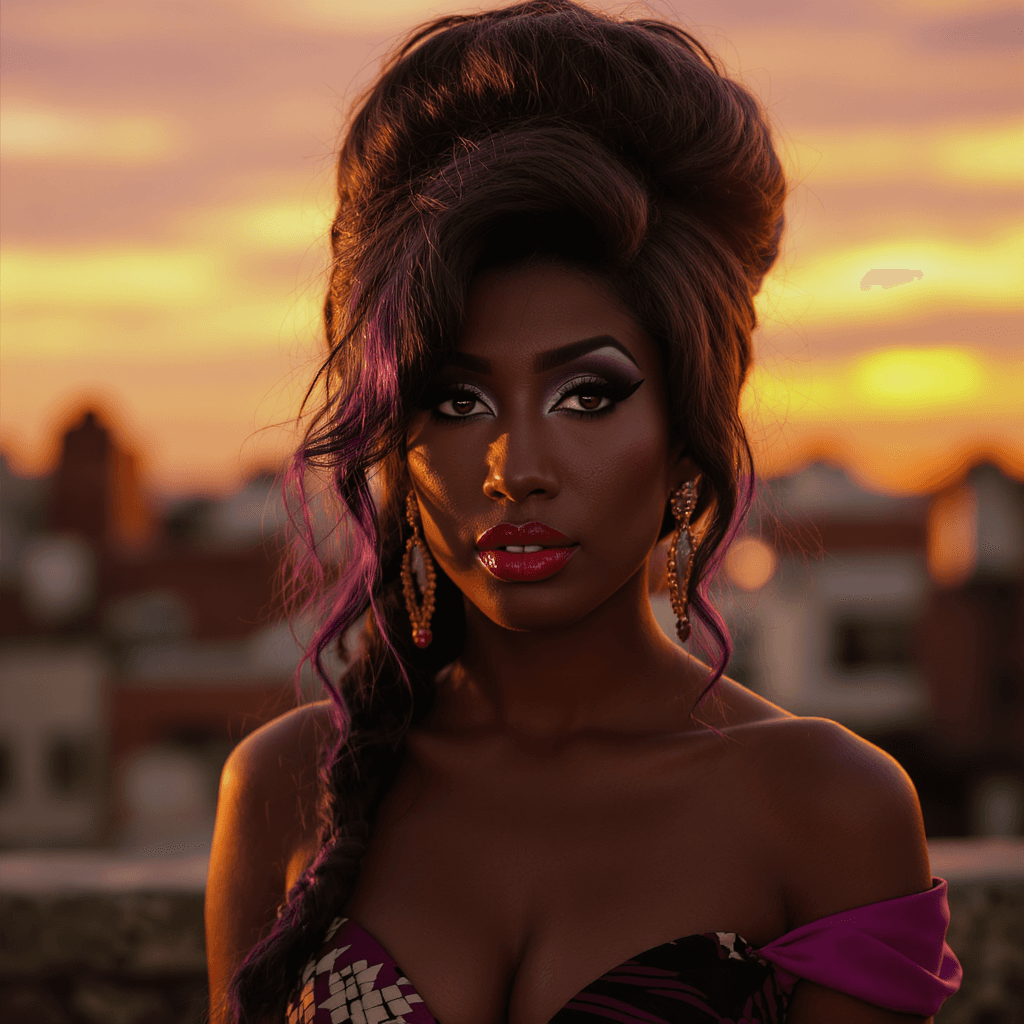 AI generated: a soulful Black woman resembling Amy Winehouse with iconic beehive hairstyle and winged eyeliner, st...