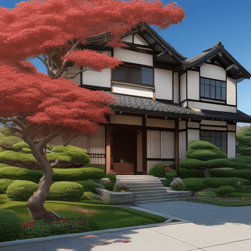 AI generated: A 2 story house with rose bushes in the front, hyperrealism, a Japanese's maple tree in the center o...