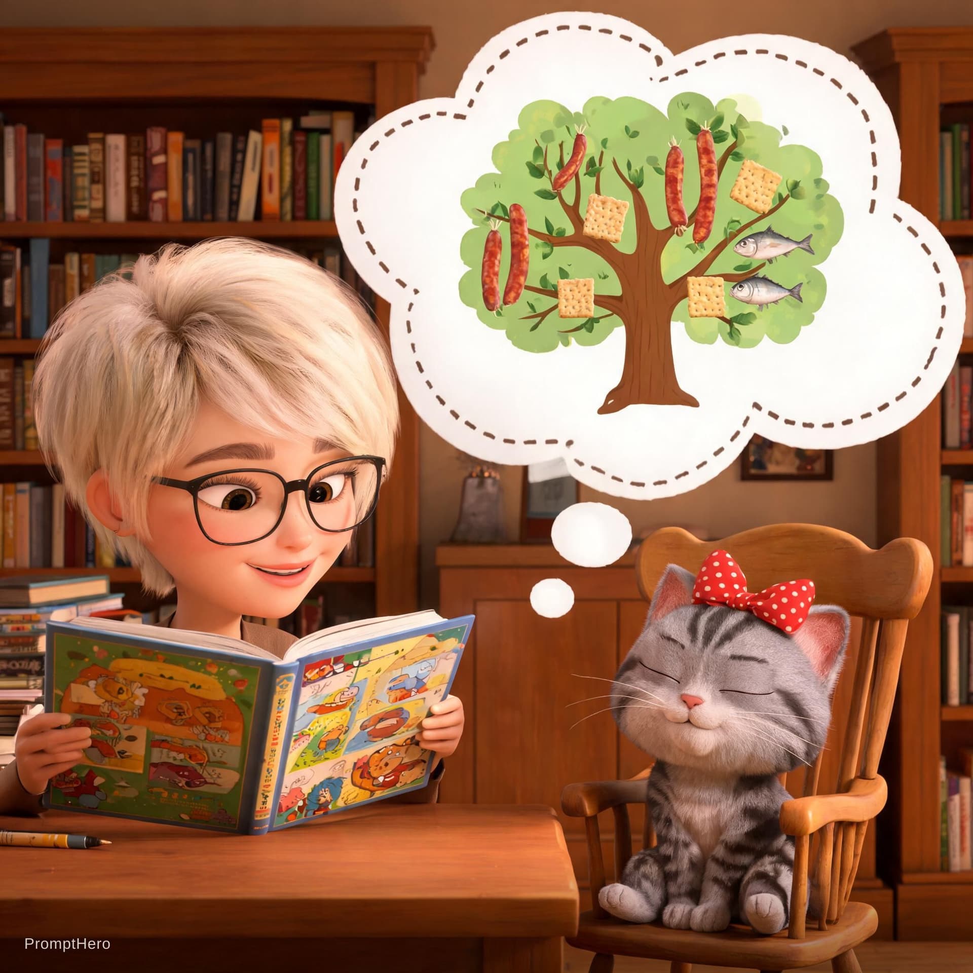 AI generated: A сочная woman, ultra-short platinum pixie haircut, glasses) is reading a children's book with illus...