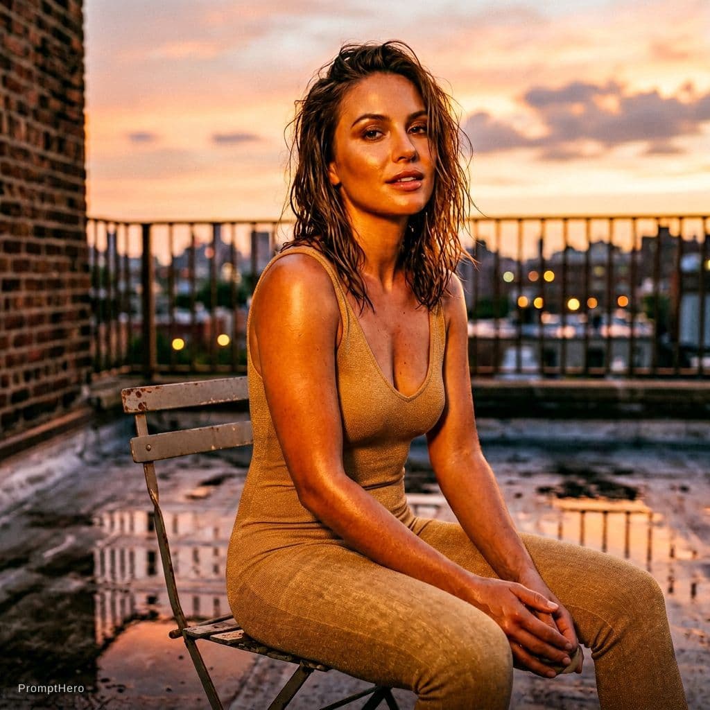 AI generated: Without changing my facial features, create an image of me wear a warm golden bodysuit, outside duri...
