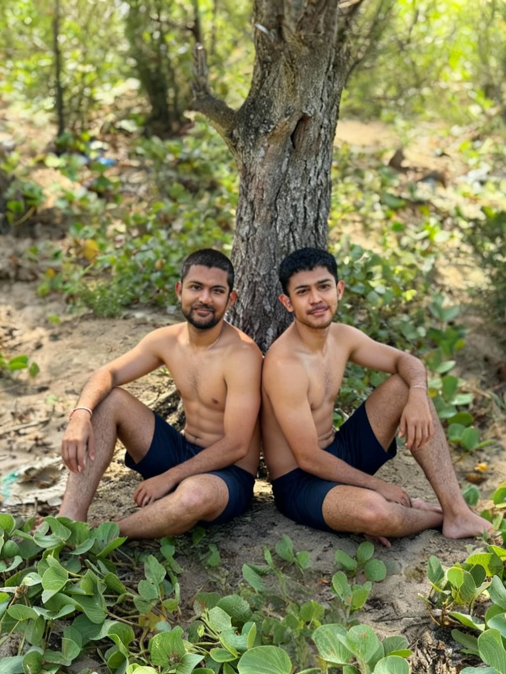 AI generated: two cute male gay couples under a tree without shirt