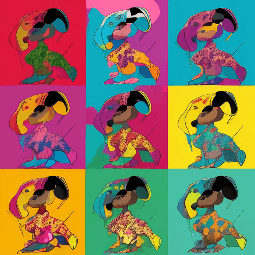 AI generated: Hawaiian artists, beagle in colorful outfits, in the style of aggressive digital illustration, bold ...