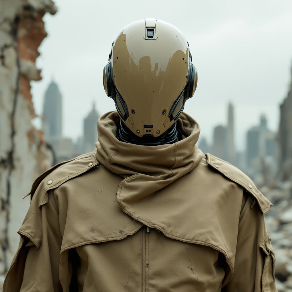 AI generated: In an apocalyptic and devastated urban setting, a medium shot of a humanoid robot standing in front ...