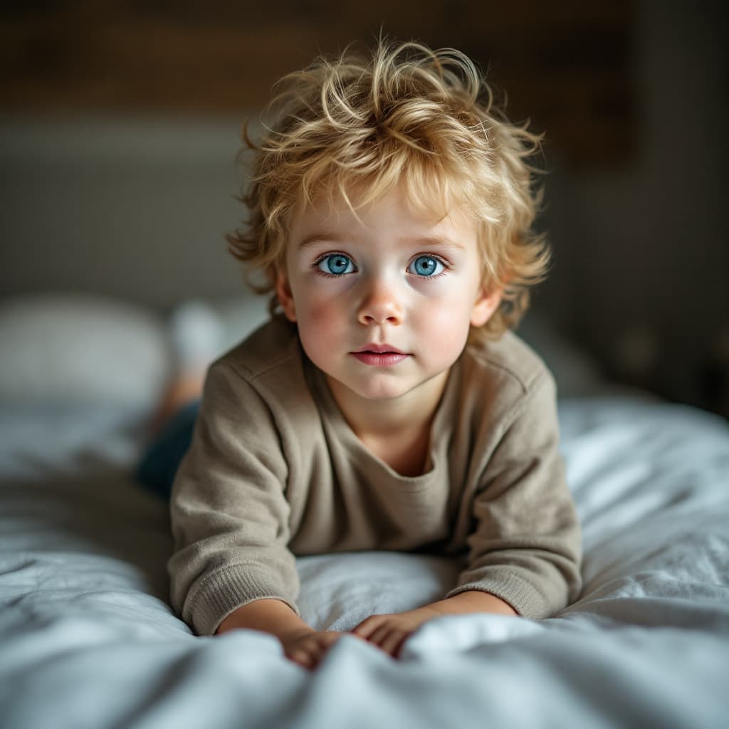 AI generated: A blond little boy on a bed with Blue eyes