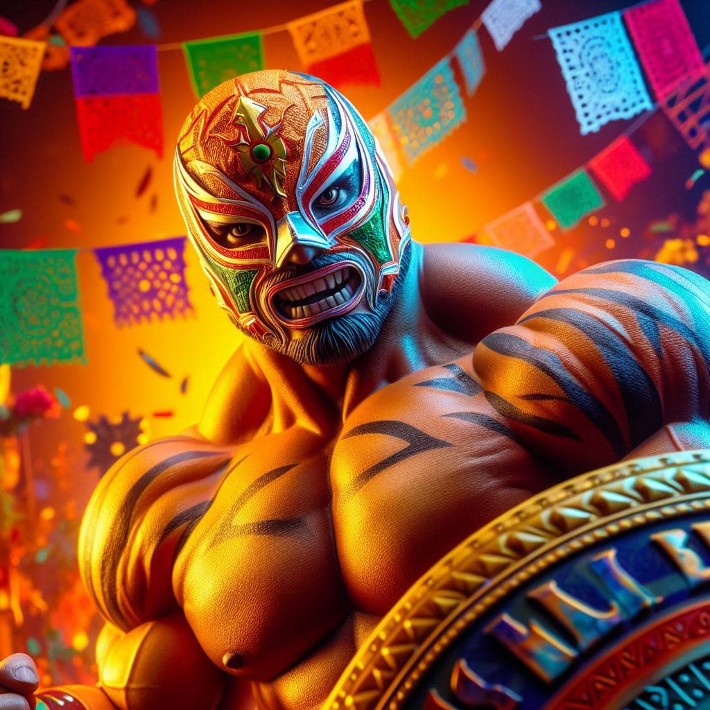 AI generated: Capture El Tigre Braum in a hyper-realistic photograph set amidst a vibrant and colorful Mexican-ins...