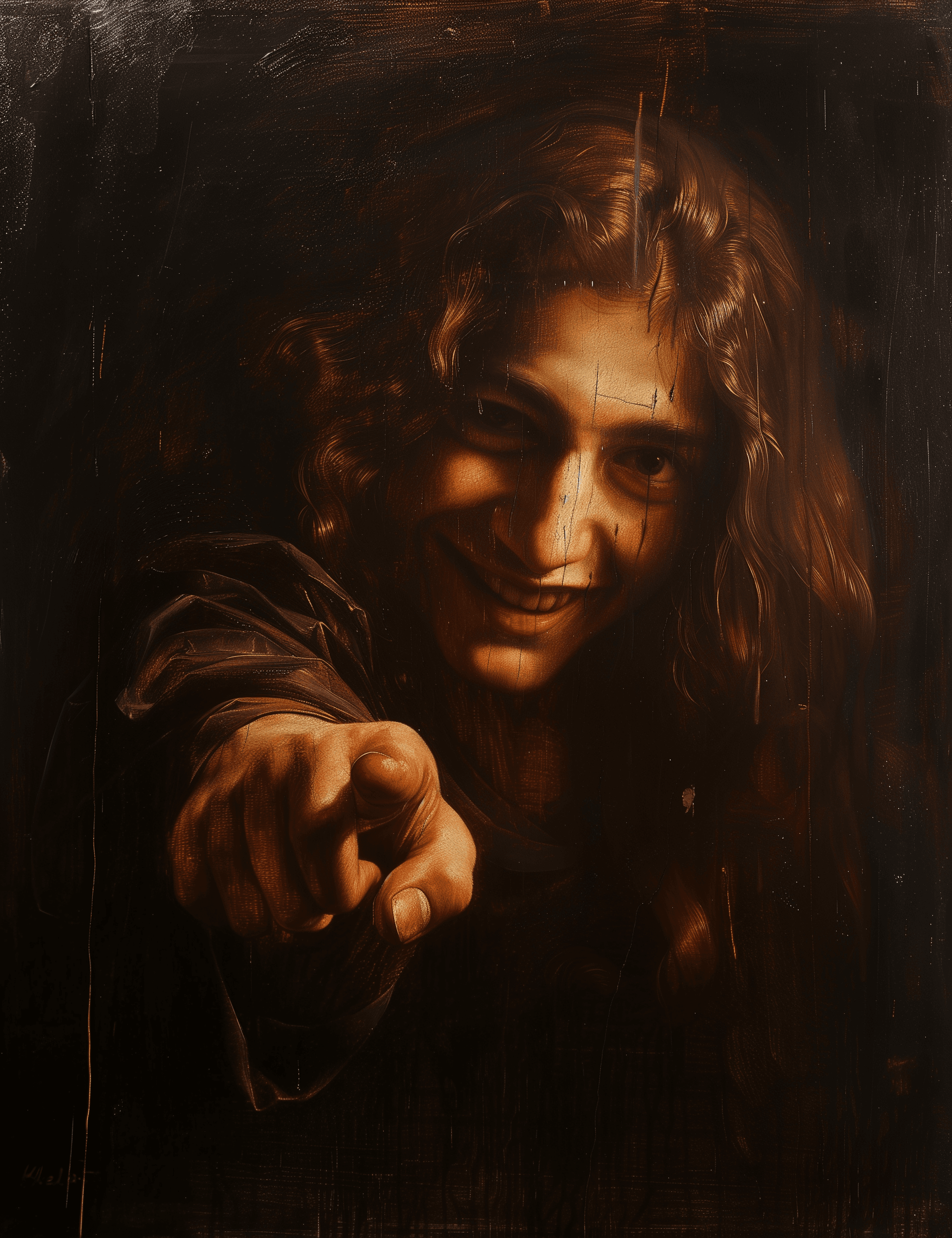 AI generated: Leonardo da Vinci's painting of a young man with long hair, smiling and pointing at the viewer in th...