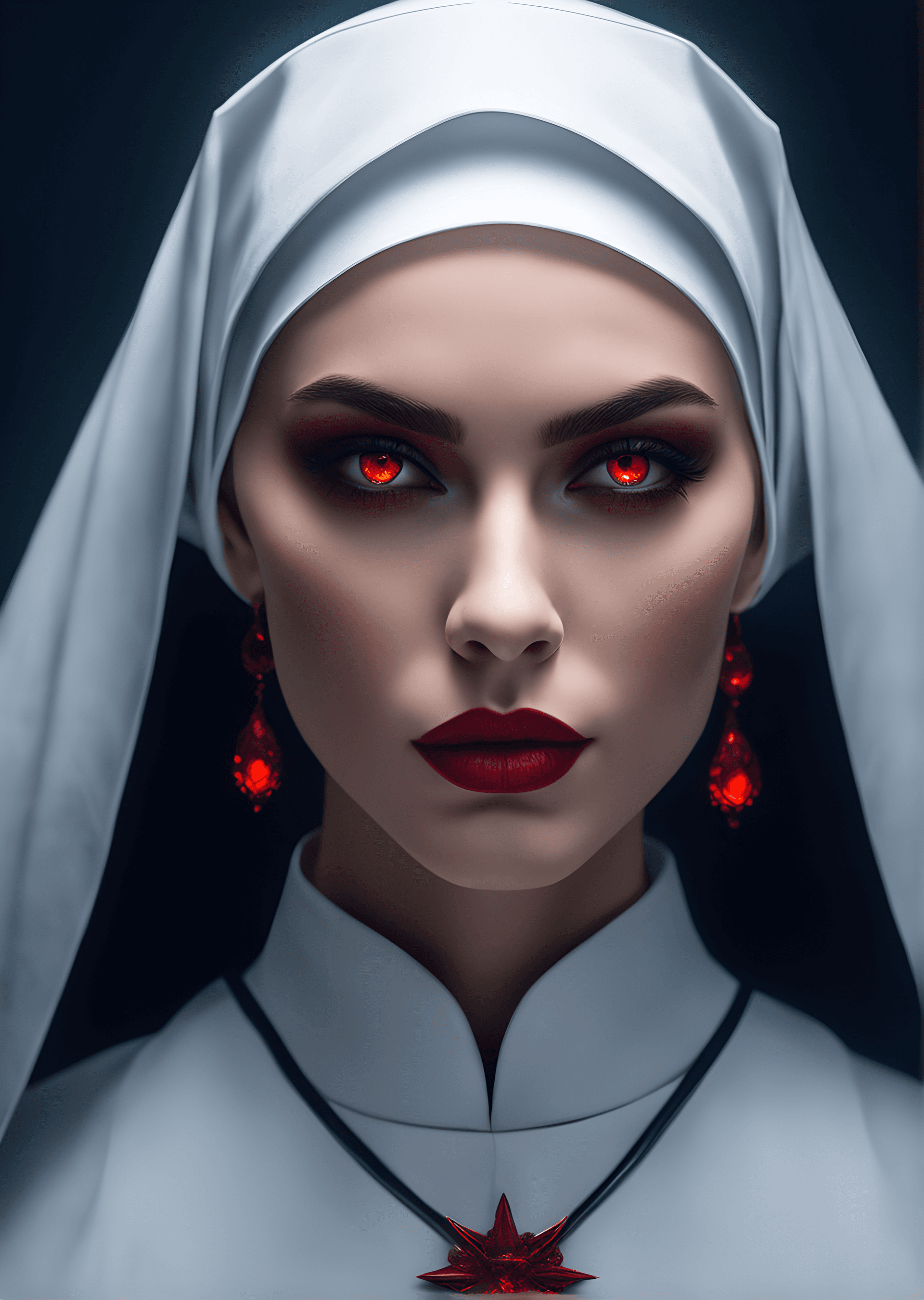 AI generated: shot from below, photo of daisy head as a nun, (pale:1.8), (possessed:2), (glow:1.3), burn, ember, g...