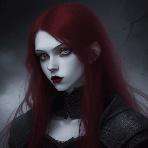 AI generated: highly detailed portrait of russian 20-year-old woman, dark evil red hair, fantasy, pale skin, vampi...