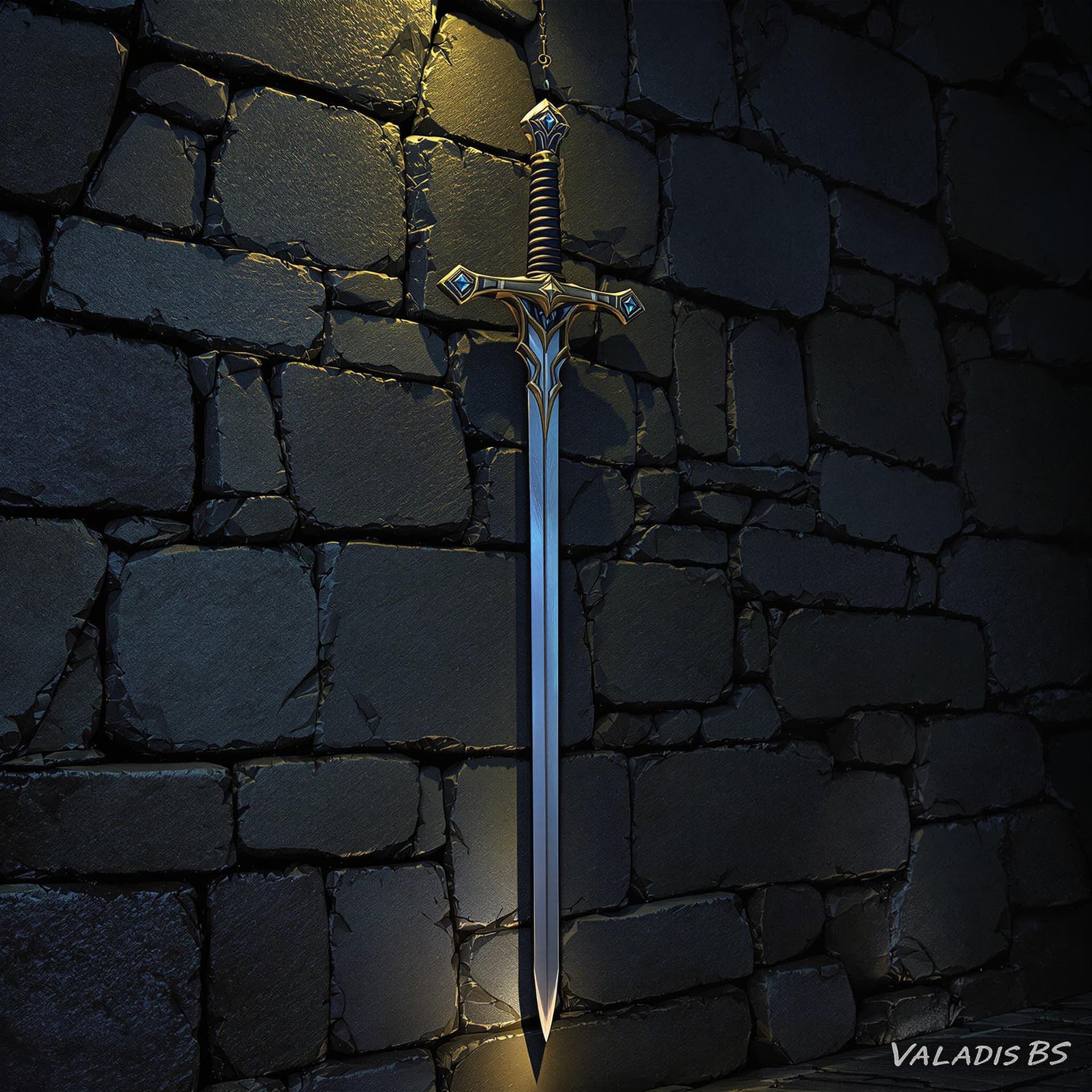 AI generated: castle wall background night, league of legend Leona, real looking, light armor, sword Point down ha...