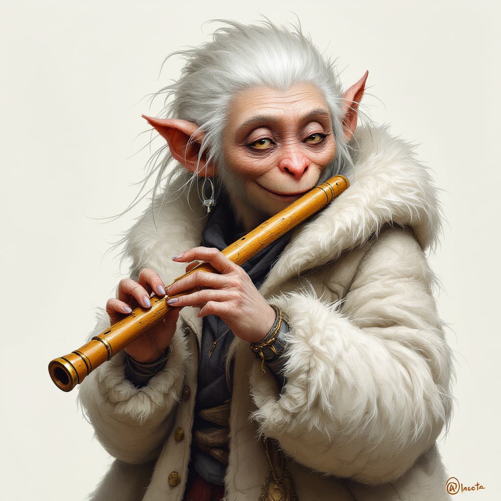 AI generated: a simiah woman from daggerheart, she is humanoid monky, transvers flute, fantasy figur, a puffy wool...