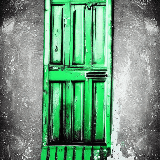 AI generated: a green door in a colorless globe. surreal. color splash art with the door. a sailing ship, an ocean...