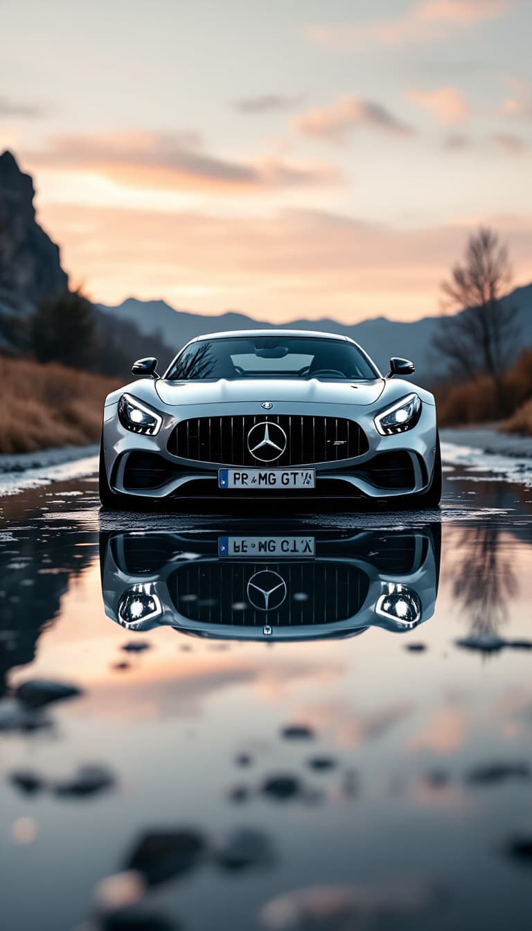 AI generated: Benz AMG GT car whose reflex has fallen into the water and the camera has taken a picture of its ref...