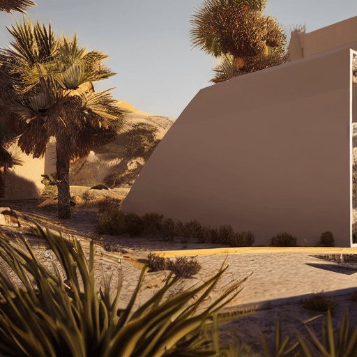 AI generated: incredible modern architecture, arcade architecture, small villa, Desert, Concrete, Cubic, geometric...