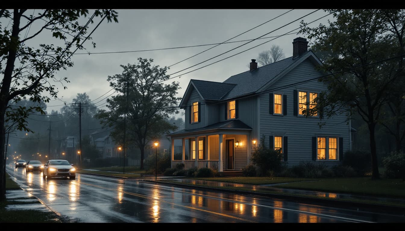 AI generated: A photorealistic scene of a two-story house during a rainy evening, featuring wet streets reflecting...