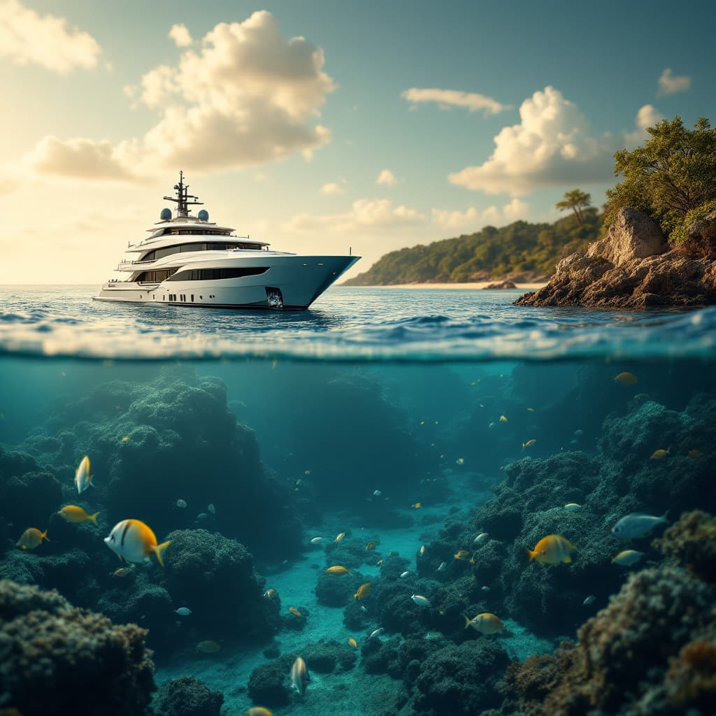 AI generated: Cinematic scene, high definition, luxury super yacht sinking in crystal clear water, split over and ...