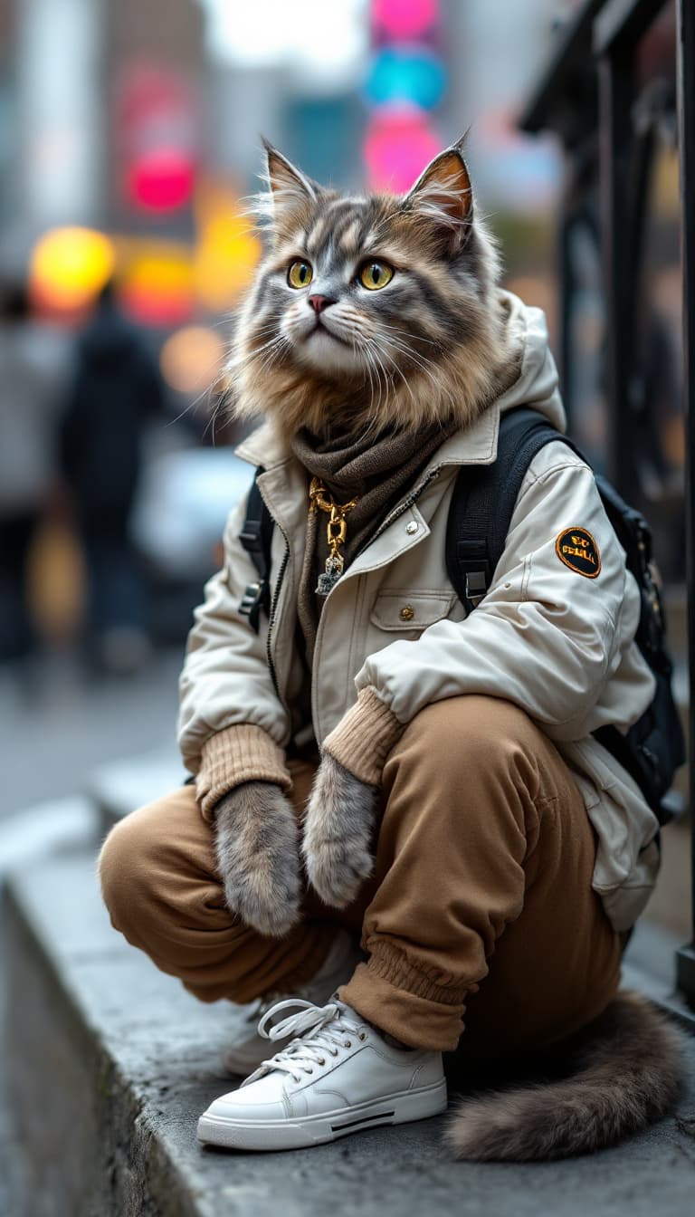 AI generated: anthropomorphic, a cat named ”street style KOL kitty” wearing dark off-white flight jacket and cream...