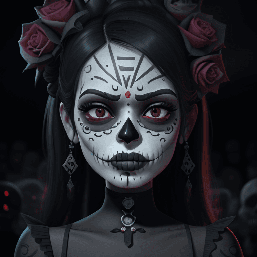 AI generated:  day of the dead, in the style of unreal engine 5, caricature-like illustrations, exaggerated facial...