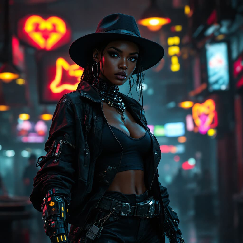 AI generated: photo of a female muscular african soldier with cyberlimbs, cyber arms, black mantle jacket, shirt, ...