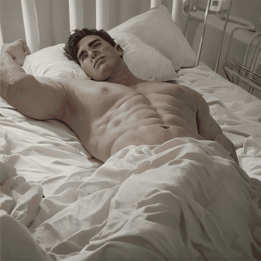 AI generated: 1man, sick, laying on bed, SEMI-REALISTIC, Looking at viewer, hospital background