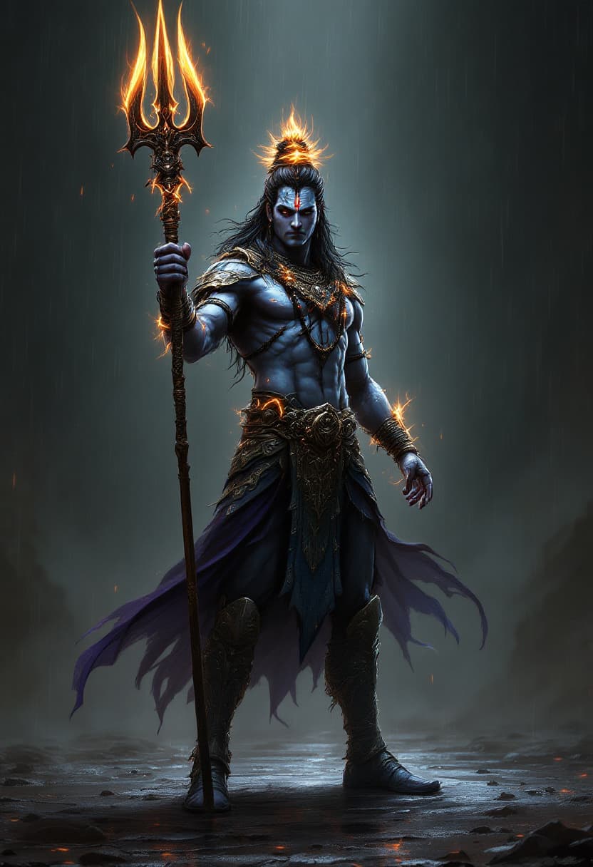 AI generated: digital wallpaper, Lord Shiva the warrion, trishul in his hand, alone, glowing elements, intricate a...